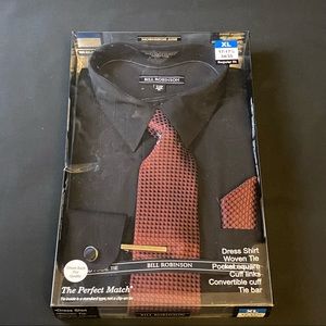 Men’s black button-down shirt with tie and pocket square